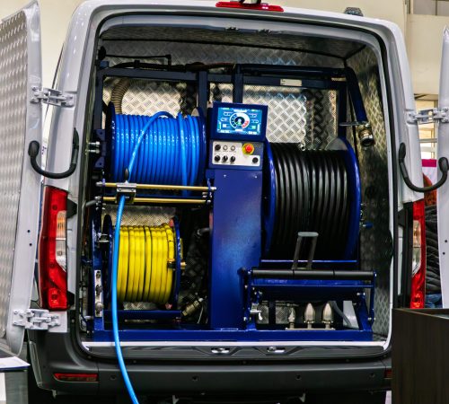 Special equipment sewer cleaning vehicle. Vehicle equipped for cleaning and flushing sewer pipes.